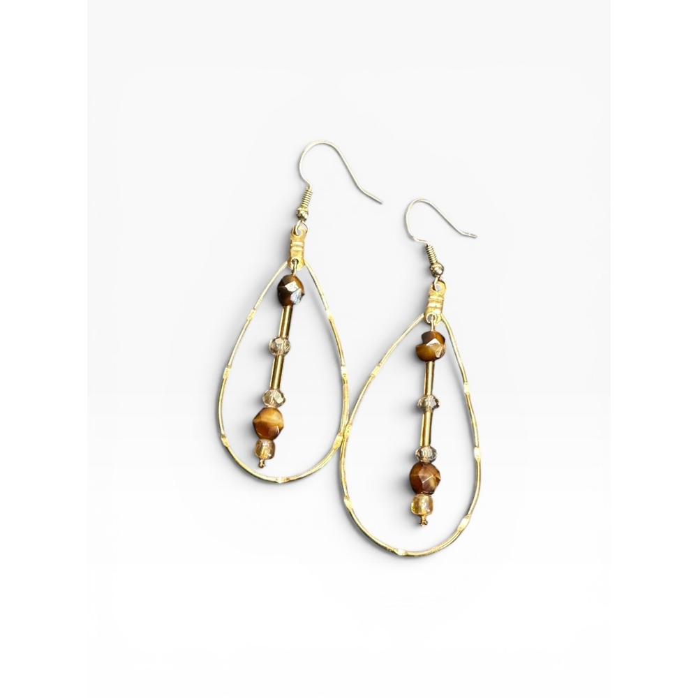 Teardrop Dangle Earrings Gold Tone‎ Brown Boho Beaded